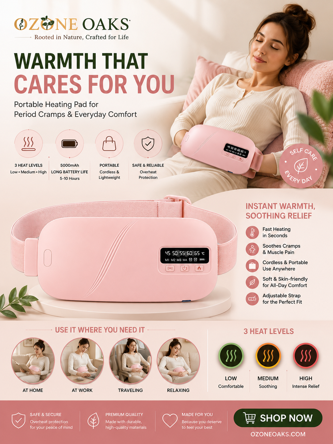 Ozone Relief™ Portable Cordless Heating Pad for Period Pain Relief